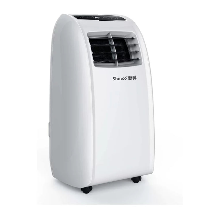 Unisex one size ventilated single hose portable refrigerant air conditioner with top mounted digital control, dehumidifier, automatic swinging louvers and wheels Kalsten