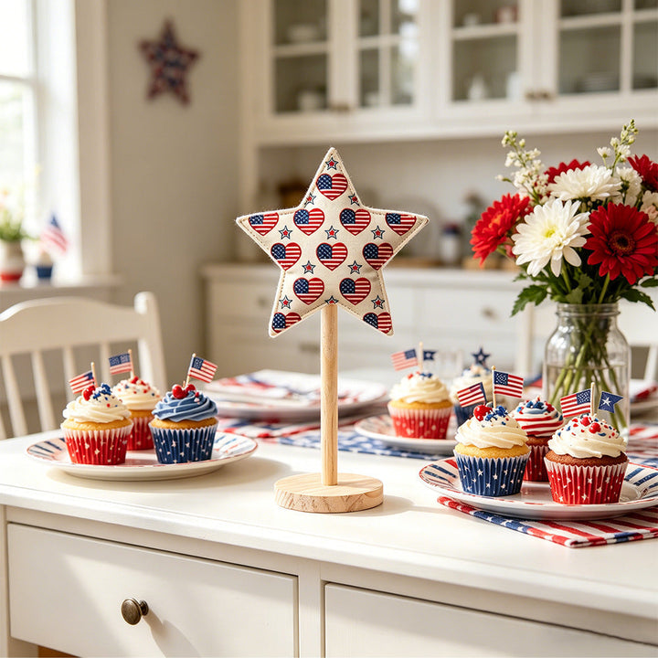 Unisex decorative fabric star display with wooden base Kalsten