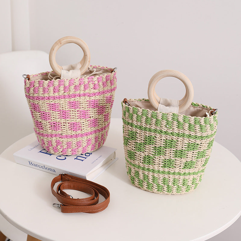 Handcrafted basket bag with wooden handle and adjustable shoulder strap Kalsten