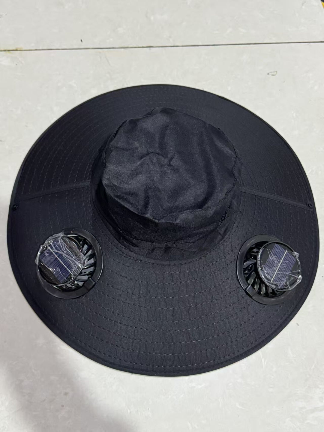 Ventilated sun hat with integrated battery fans, breathable mesh inserts, and adjustable chin strap Kalsten