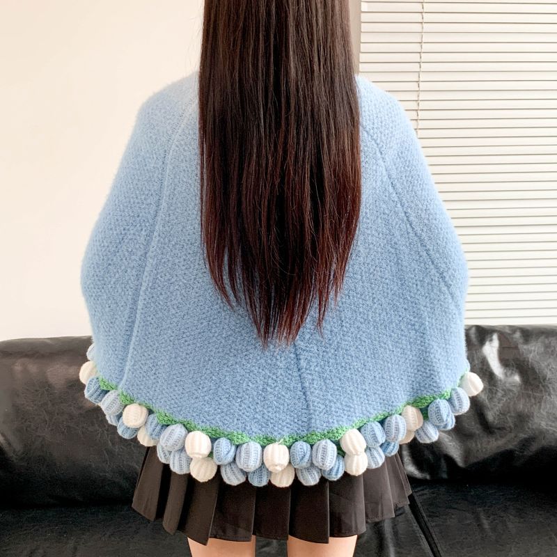 Poncho with Colorful Pom Pom Trim Kalsten