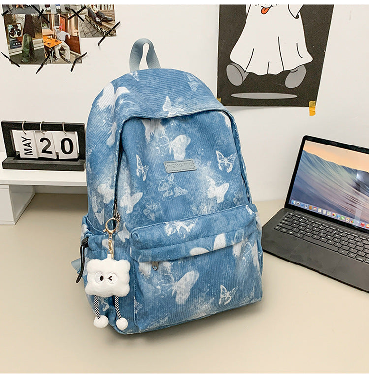 Corduroy Butterfly-Print School Backpack