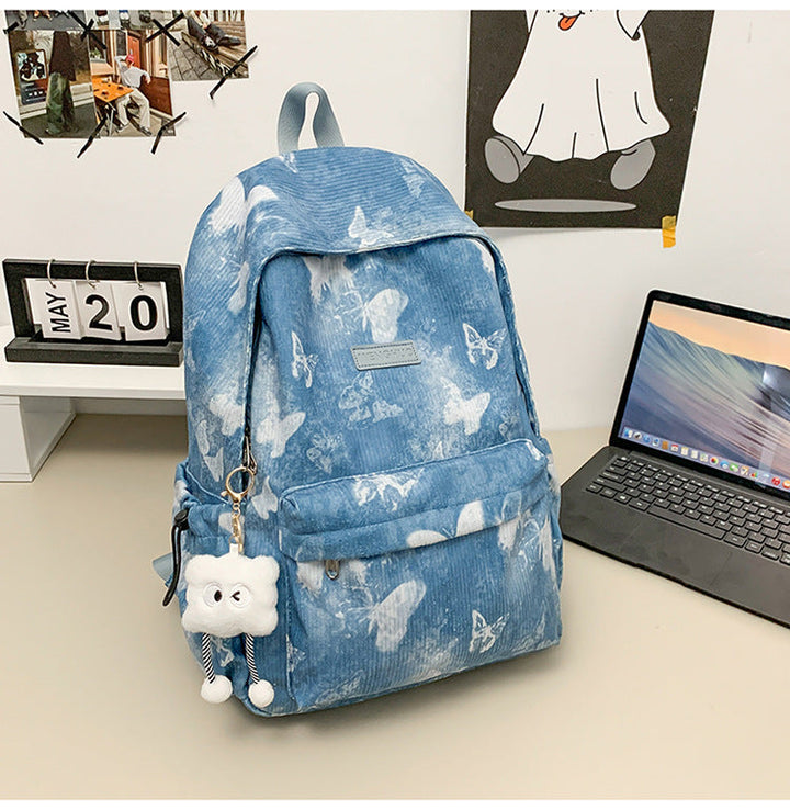Corduroy Butterfly-Print School Backpack
