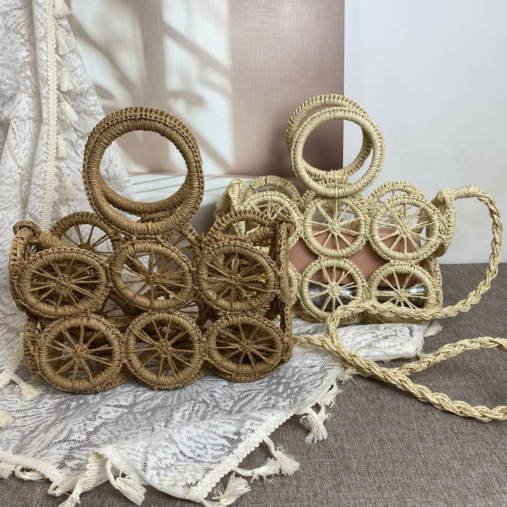 Artisan woven basket bag with striking wheel pattern Kalsten