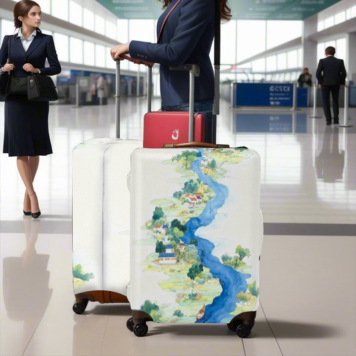 Unisex nan elastic suitcase cover with detailed river and village illustration print, tear-resistant stretch protection for hard shell and fabric trolley Kalsten