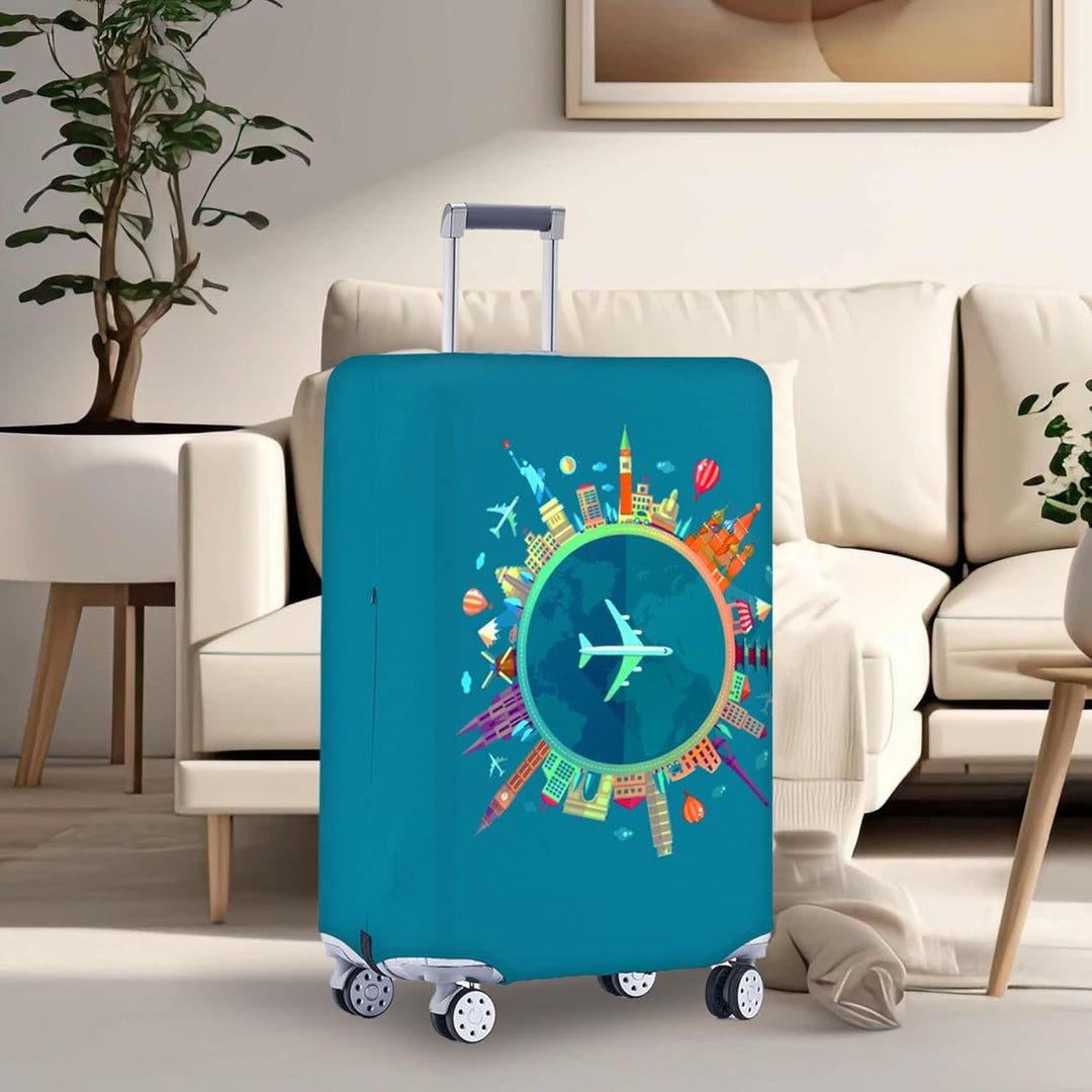 Unisex non-elastic suitcase protective cover with world travel design for hard-shell trolley and spinner wheels Kalsten