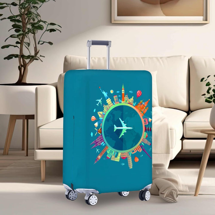 Unisex non-elastic suitcase protective cover with world travel design for hard-shell trolley and spinner wheels Kalsten