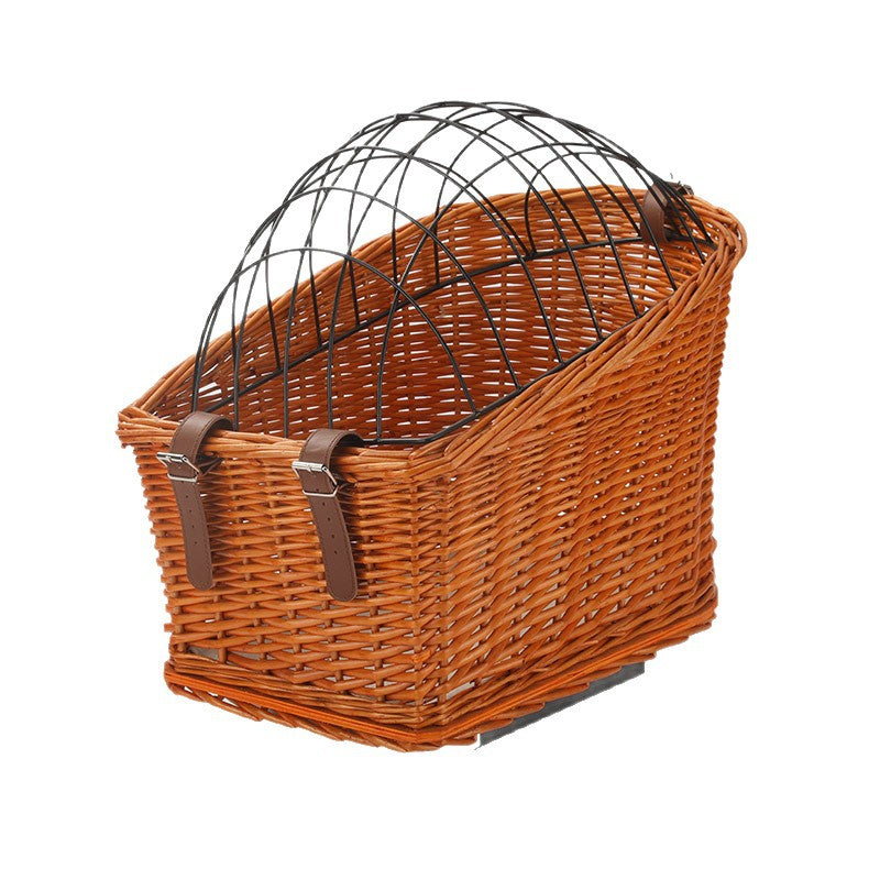 front-mount wicker bicycle pet carrier basket with foldable metal safety dome and adjustable leather buckle straps Kalsten