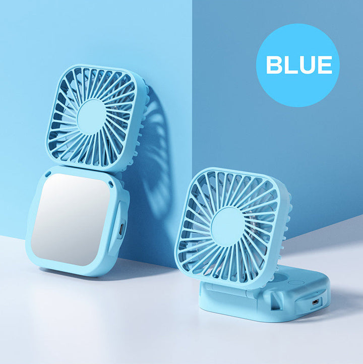 Unisex nan compact foldable clip on handheld desk fan with built in mirror adjustable tilt and USB rechargeable battery Kalsten