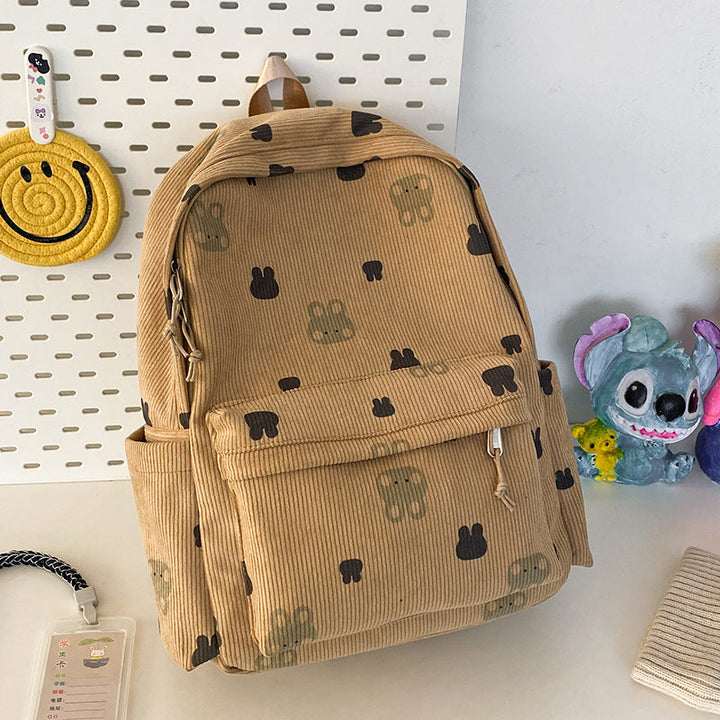 Cute Bear Patterned Corduroy School Backpack