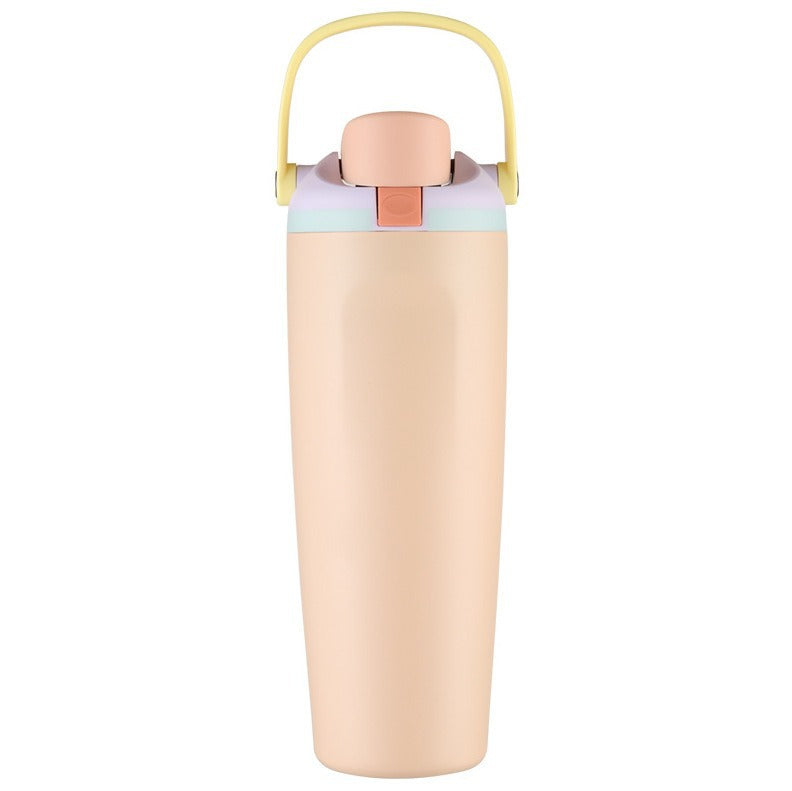 Unisex double-walled vacuum drinking bottle made of stainless steel with one-handed click closure and carrying handle Kalsten