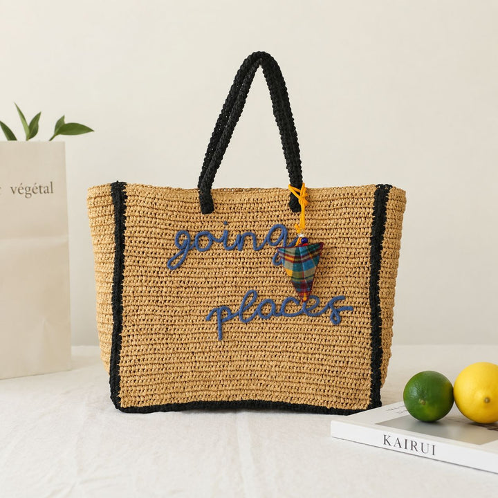Spacious straw shopping bag with lettering Kalsten