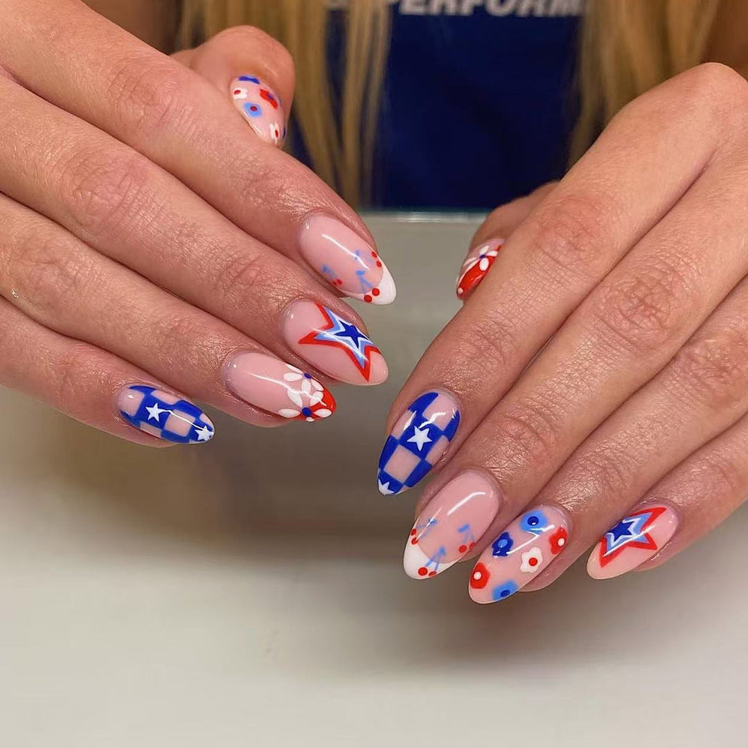 Women's nan patriotic star and floral press-on nail kit with mixed shapes and glossy finish Kalsten