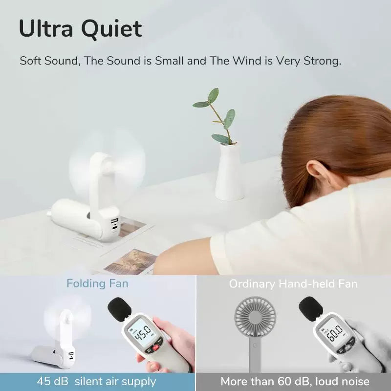Unisex One Size Foldable Rechargeable Triple Handheld Mini Fan with Integrated Power Bank USB-C and USB-A Ports and Wrist Strap Kalsten