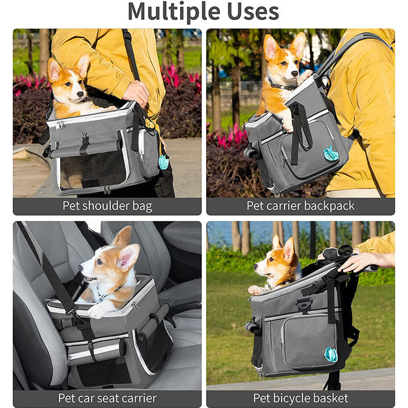 expandable front bike pet carrier basket with dual-access roll-top canopy and organizer pockets Kalsten