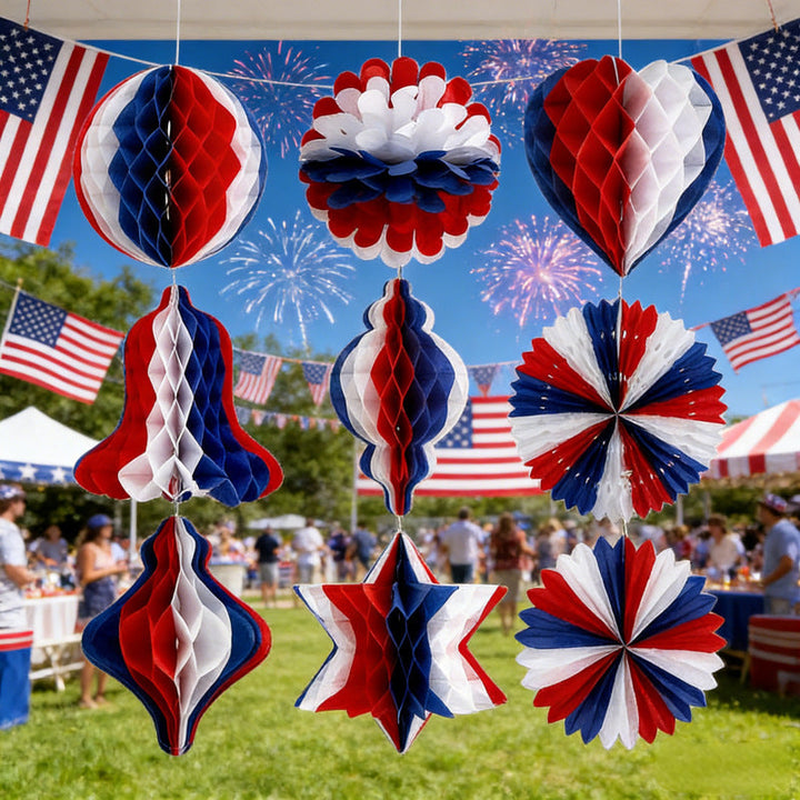 Unisex nan patriotic honeycomb paper hanging party decorations set with assorted three-dimensional shapes Kalsten