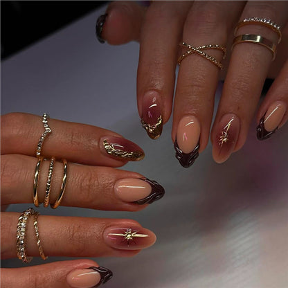 Artistic Press-On Nail Design with Gold Accents Acalora