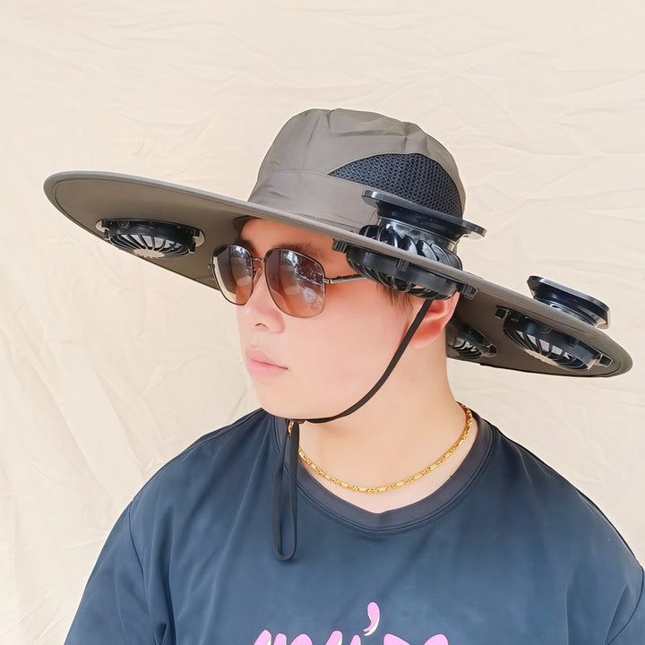 Wide-brimmed sun hat with detachable swivel solar fans and adjustable chin strap Kalsten