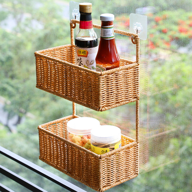 Double-Tier Woven Storage Basket with Handle Kalsten