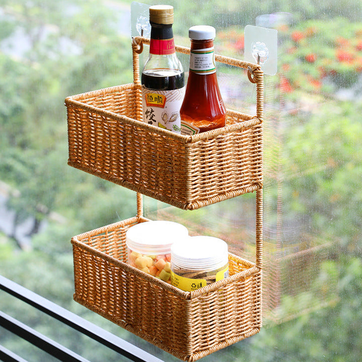 Double-Tier Woven Storage Basket with Handle Kalsten