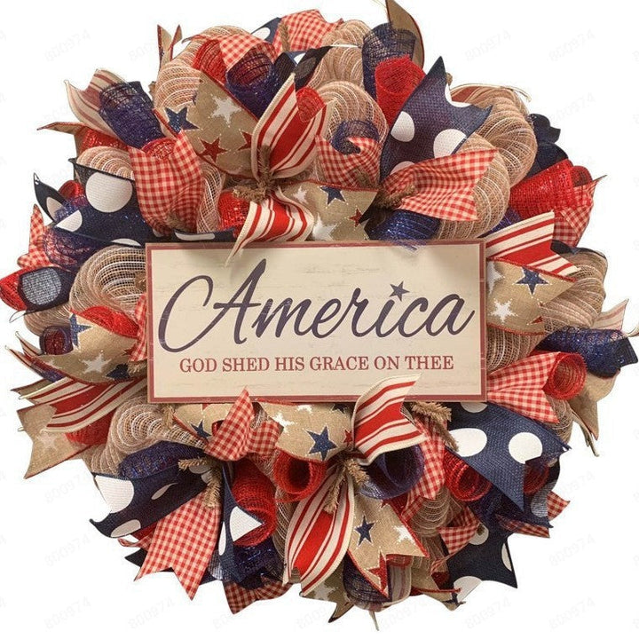 Unisex decorative country house door wreath with overlapping wooden stars and multiple ribbon bows Kalsten