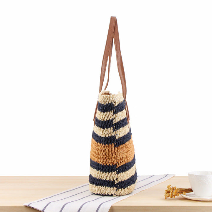 Braided tote bag with modern stripes and leather handles Kalsten