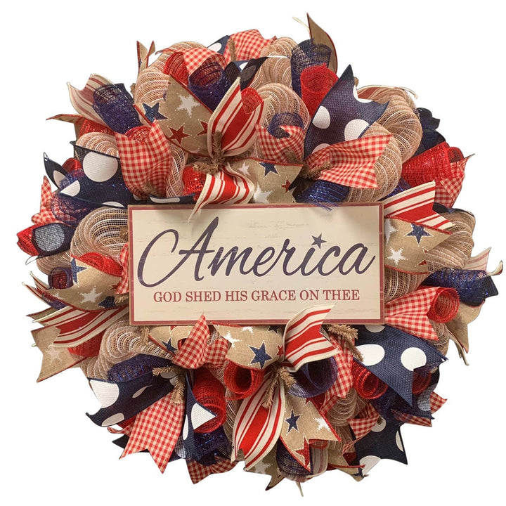 Unisex nan handcrafted Americana medallion wreath with layered deco mesh ribbons star motif bows and rustic sign Kalsten