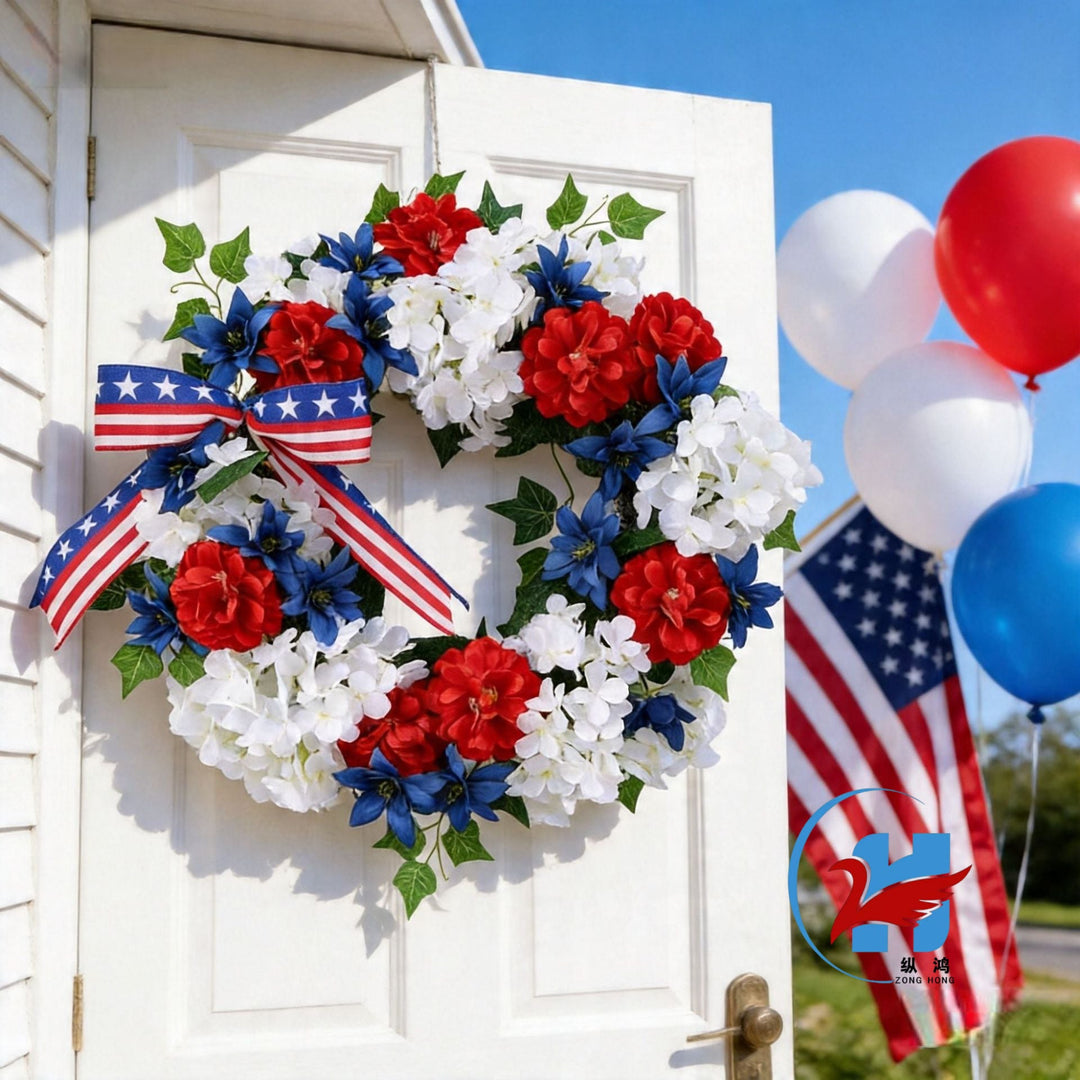 Unisex decorative door wreath made of durable artificial flowers with ribbon in festive style Kalsten