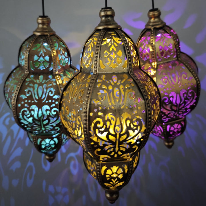 Ornate Moroccan Cutout Metal Hanging Pendant Light With Decorative Shadow Projection And Ceiling Canopy Kalsten