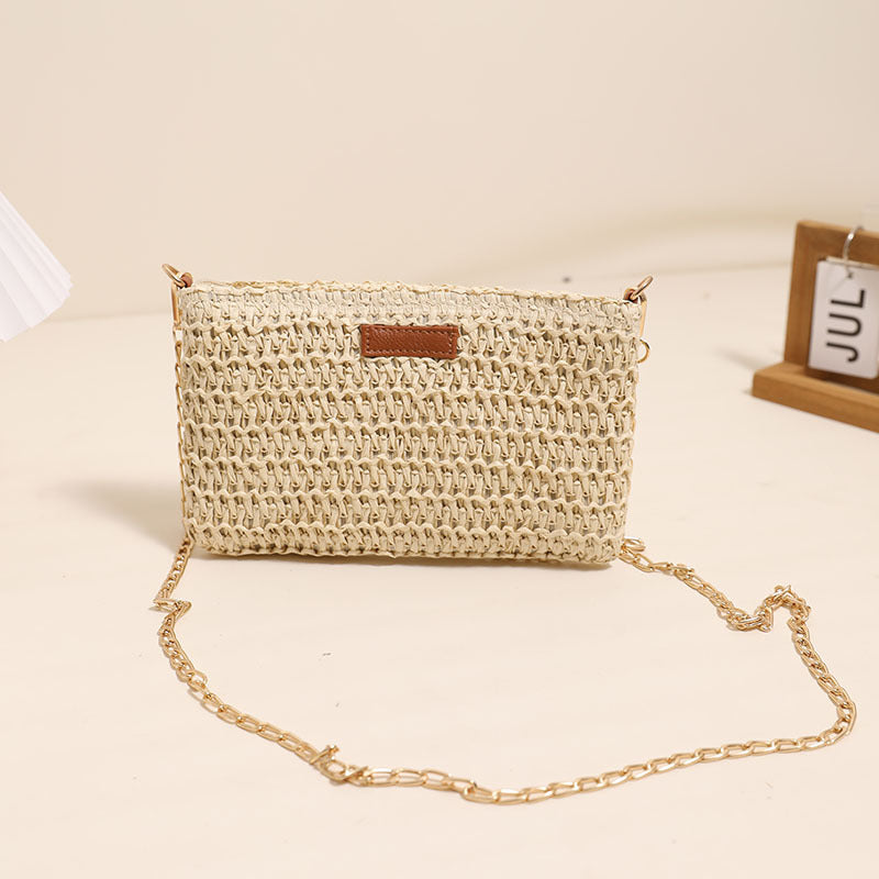 Handcrafted Shoulder Bag Made of Durable Straw Material with Gold Chain Kalsten