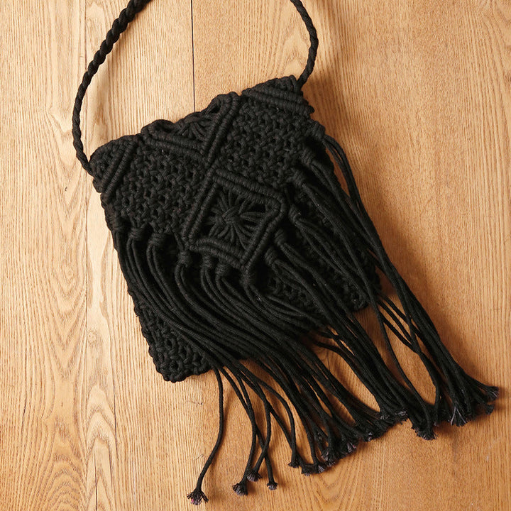 Macrame Crossbody Bag with Fringes and Decorative Details Kalsten