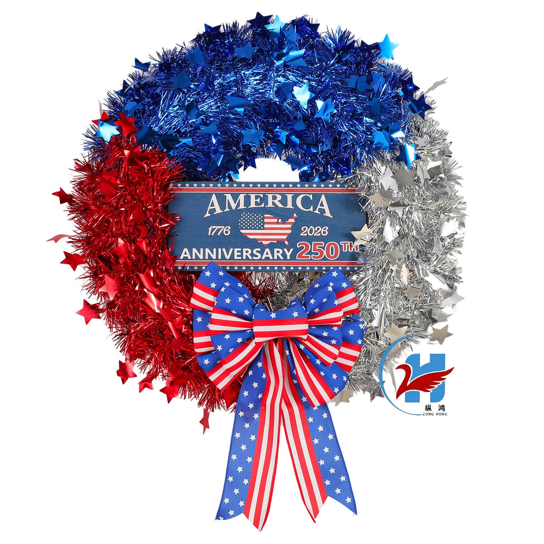 Unisex nan more patriotic door wreath made of tinsel with star embellishments and large bow Kalsten