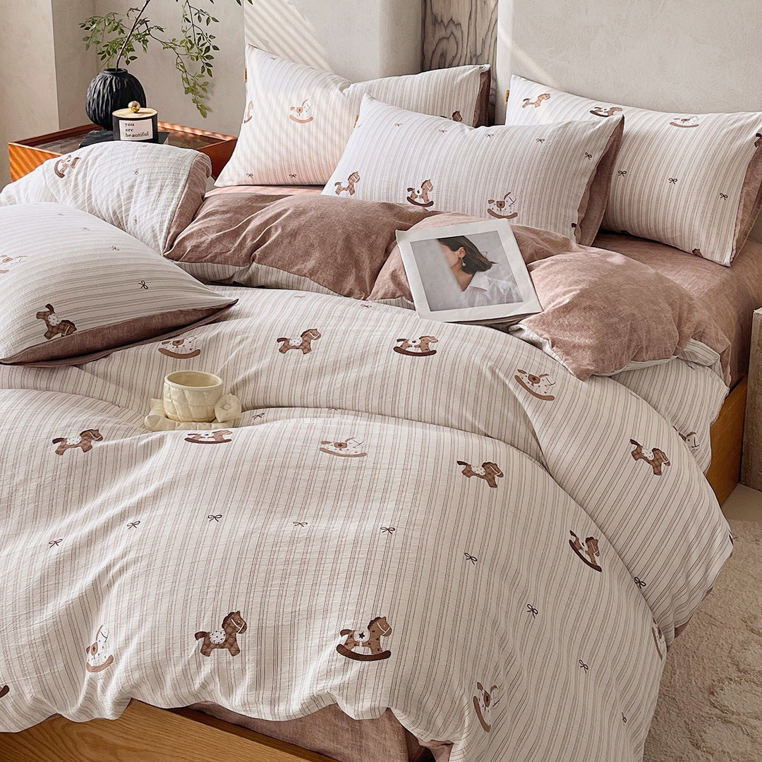 Floral Butterfly Duvet Cover Set With Brushed Cotton‑Blend Linen Texture And Corner Tie Pillowcase Ensemble