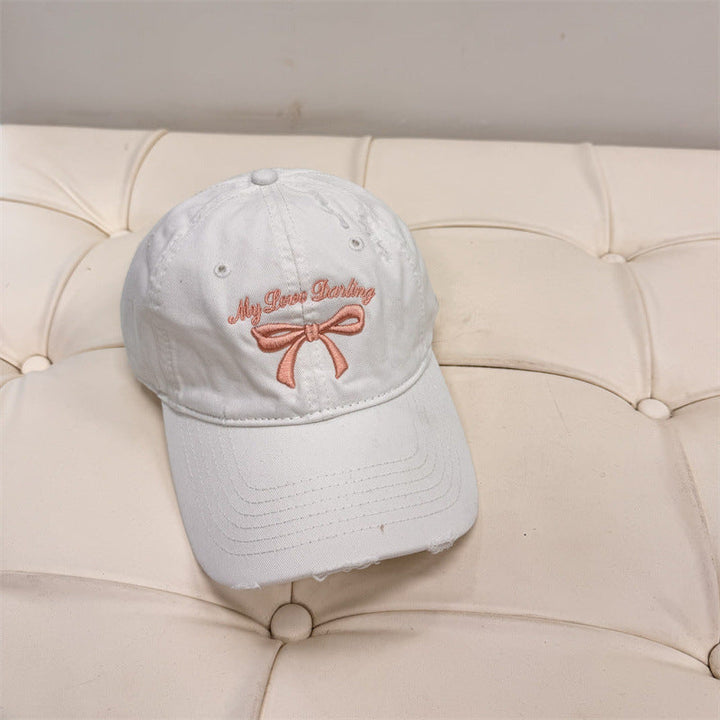 Women's Distressed Cotton Baseball Cap with Bow Embroidery Kalsten