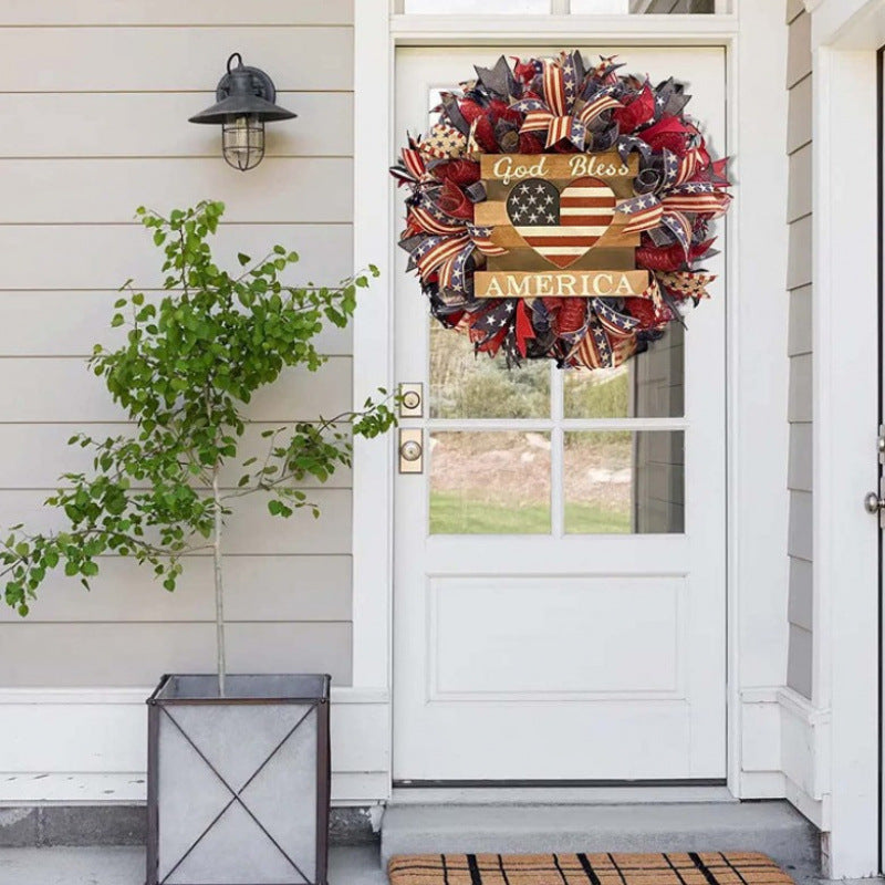 Unisex rustic patriotic door wreath with wooden sign heart motif and bow bouquet Kalsten