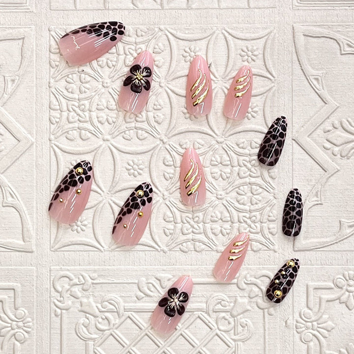 Artistic Press-On Nail Set with Floral and Leopard Accent Kalsten