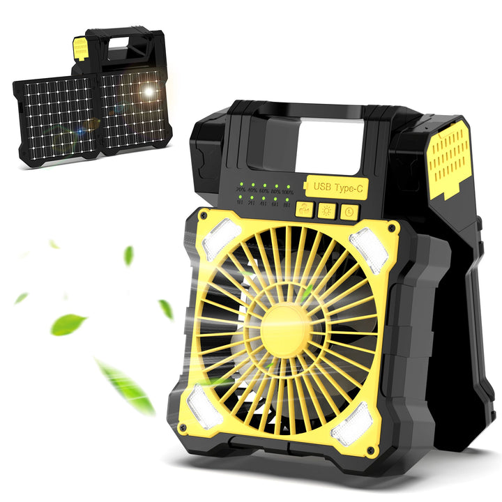 Cooling portable solar camping fan with USB-C power bank and integrated LED work light Kalsten