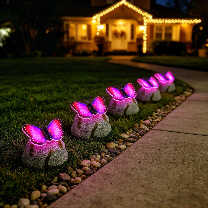 Decorative Solar-Powered Butterfly Perched Stone LED Garden Accent Kalsten