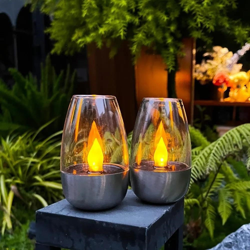 LED Flameless Glass Votive Lantern Pair With Realistic Flicker Flame And Metal Base Kalsten