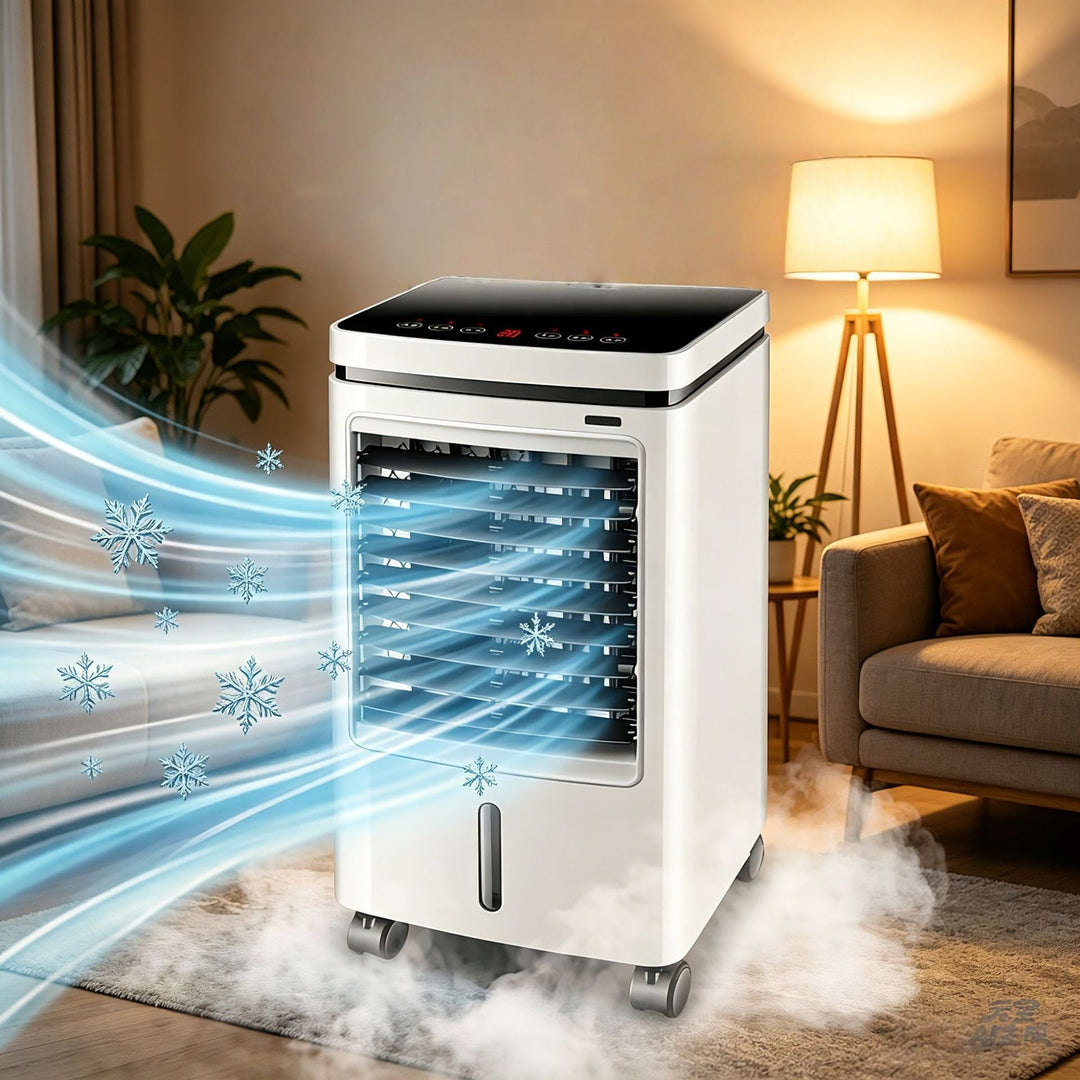 Cooling portable evaporative air cooler with dual water tanks three-speed swing louvers and caster wheels Kalsten