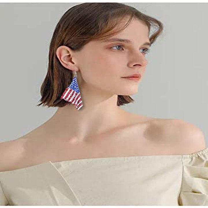 Ladies' long crystal mesh earrings with flag pattern and fishhook clasp Kalsten