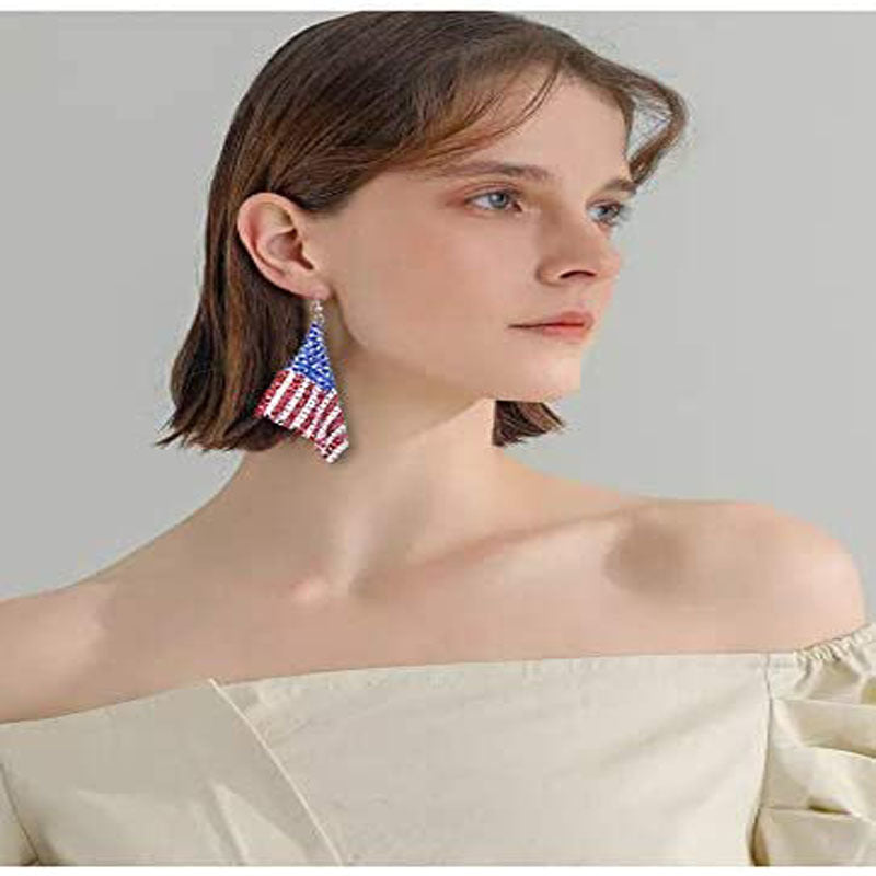 Women's long flexible rhinestone mesh earrings in American flag design with fishhook Kalsten