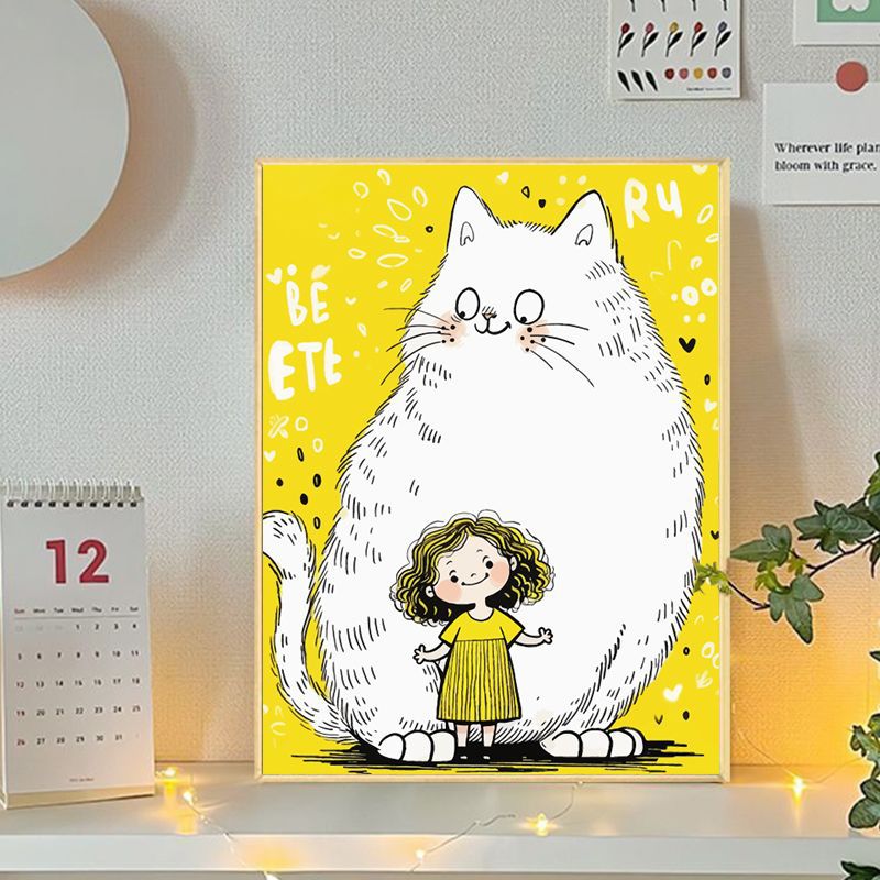 Playful Cat and Girl Illustration Canvas Art Kalsten