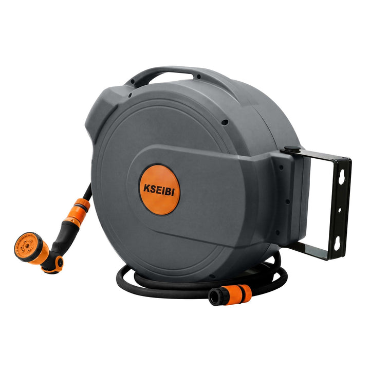 heavy-duty retractable wall-mounted garden hose reel with rubber hose and adjustable multi-pattern spray nozzle Kalsten