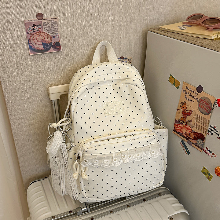 Charming Lace-Trimmed Polka Dot School Backpack