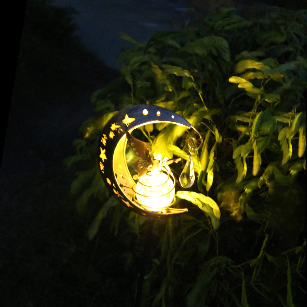 Crescent Moon Solar Garden Stake Light With Rotating Crackle Glass Orb And Butterfly Accent Kalsten