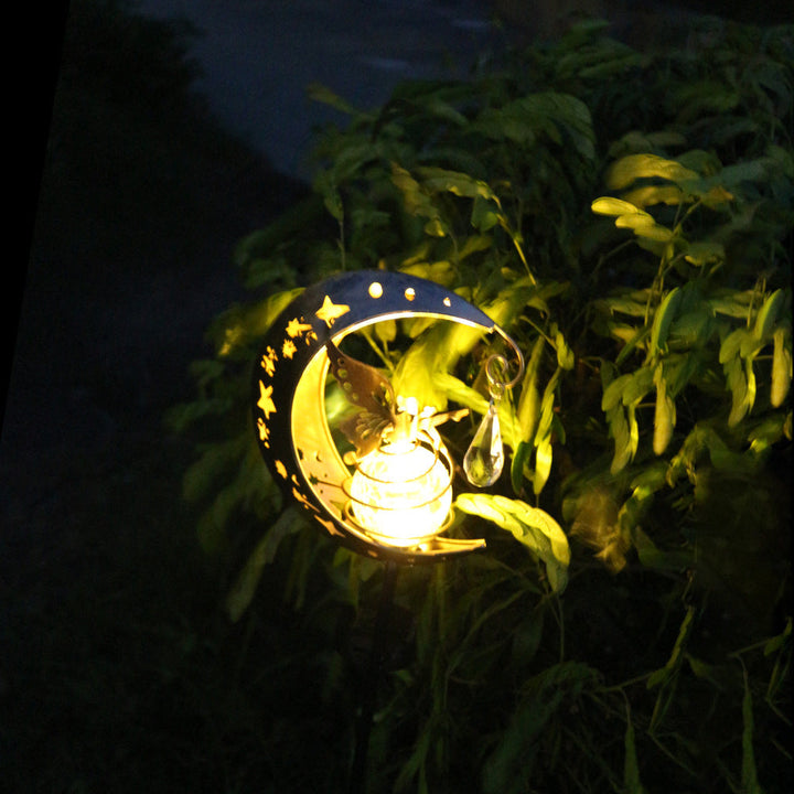 Crescent Moon Solar Garden Stake Light With Rotating Crackle Glass Orb And Butterfly Accent Kalsten