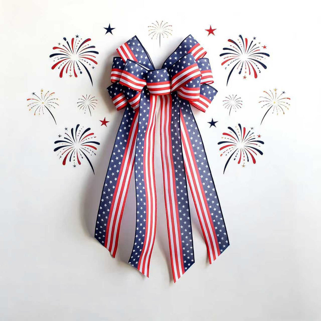 Unisex nan large patriotic star stripe ribbon bow wall hanging with long streamer tails for door wreaths and porch decor Kalsten