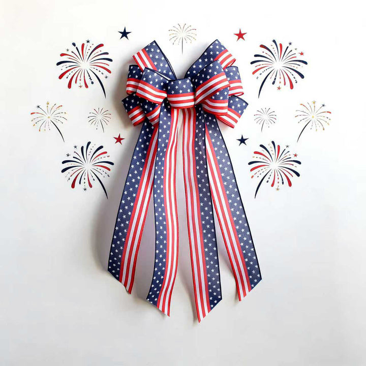 Unisex nan large patriotic star stripe ribbon bow wall hanging with long streamer tails for door wreaths and porch decor Kalsten