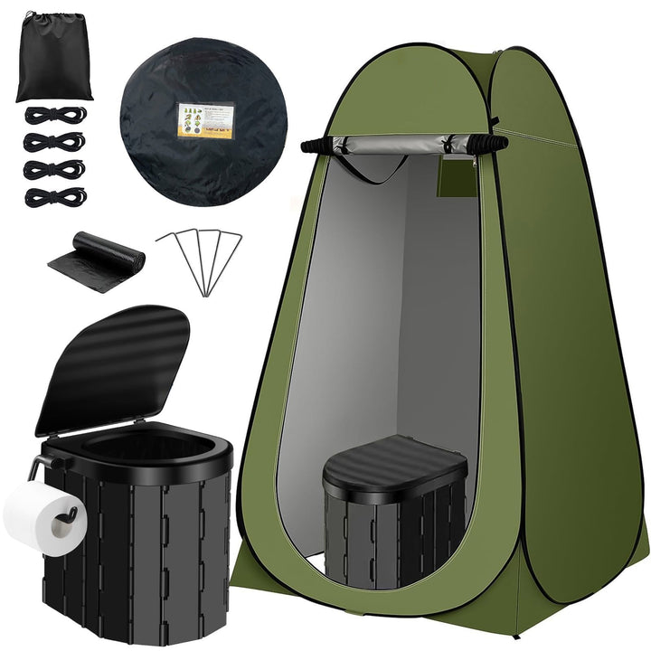 Portable pop-up privacy tent and collapsible camping toilet kit with full accessory set Kalsten